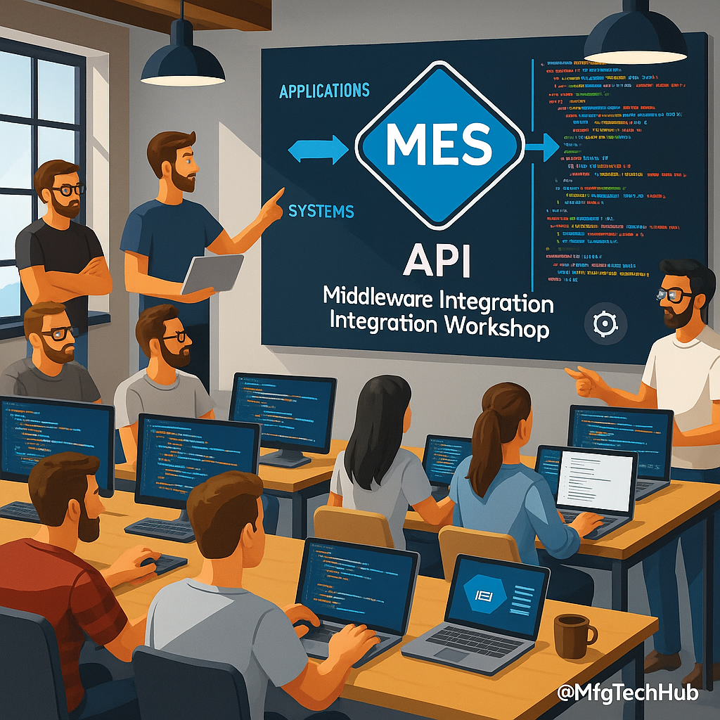digital illustration of a workshop on MES API middleware integration with developers using laptops and a large display showing code