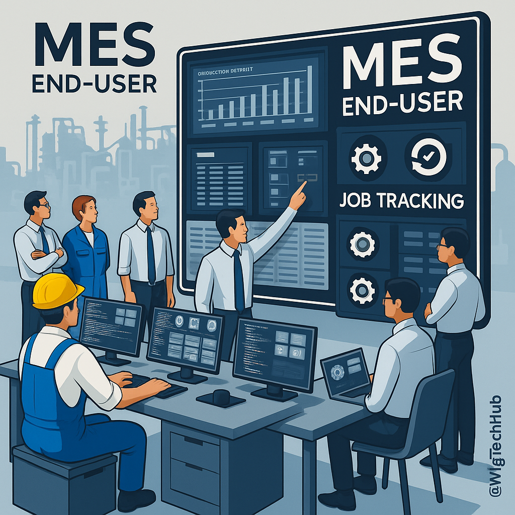 A infographic showing MES end-user job tracking with operators and supervisors interacting with dashboards in a factory environment