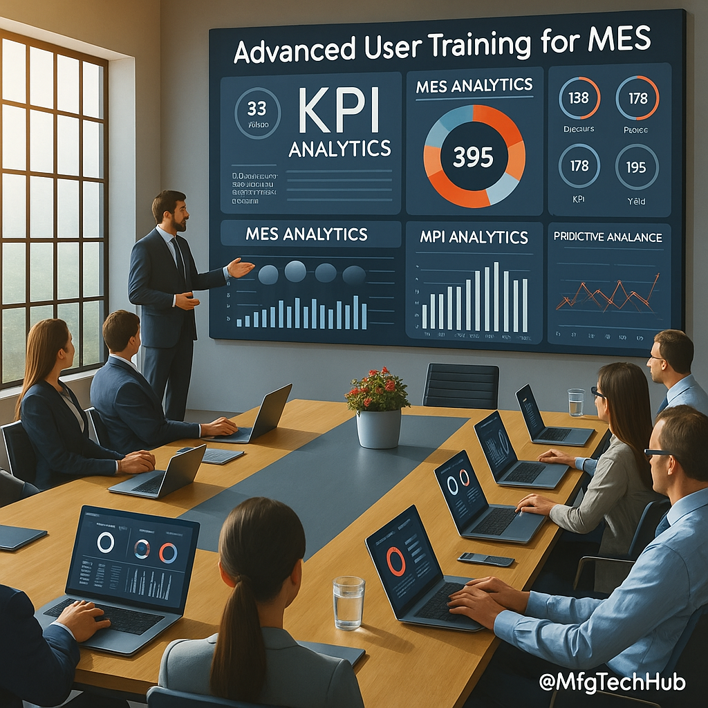 A infographic showing a corporate MES user training session focused on KPI analytics, predictive maintenance, and performance charts
