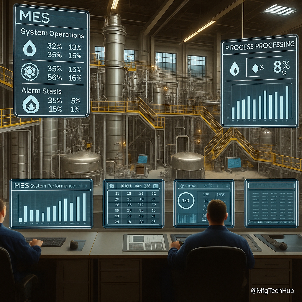 A infographic showing MES dashboards monitoring real-time operations in a large industrial plant from a control room
