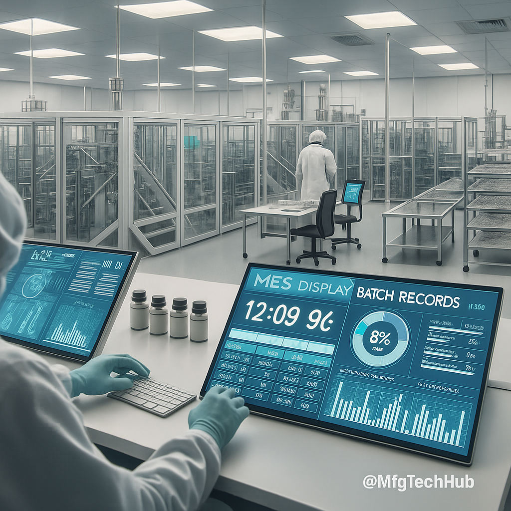 A infographic of a cleanroom pharmaceutical production environment with MES dashboards displaying batch records, KPIs, and production metrics