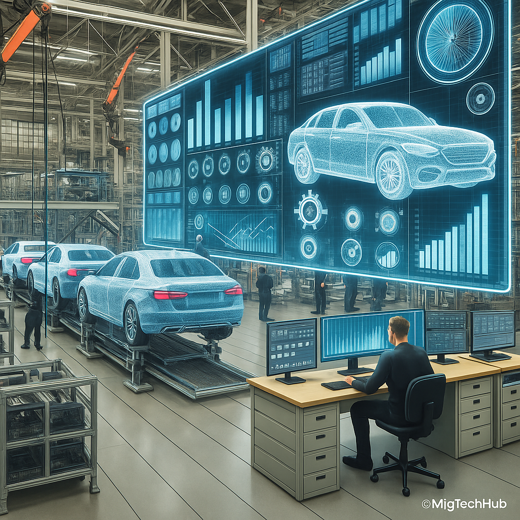 A illustration of an automotive manufacturing plant with MES dashboards monitoring real-time vehicle assembly metrics