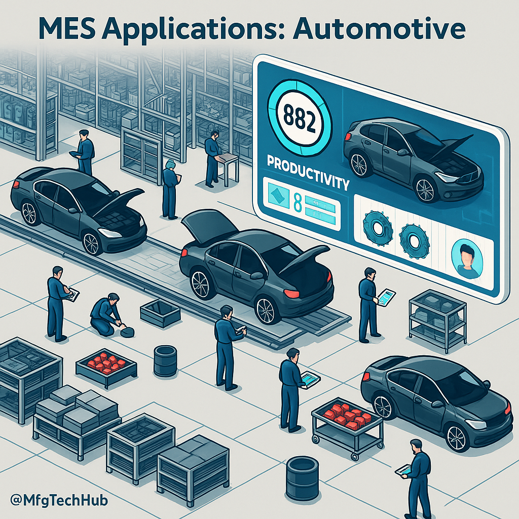 A infographic showing MES applications in the automotive industry with car production lines, digital dashboards, and process monitoring systems.