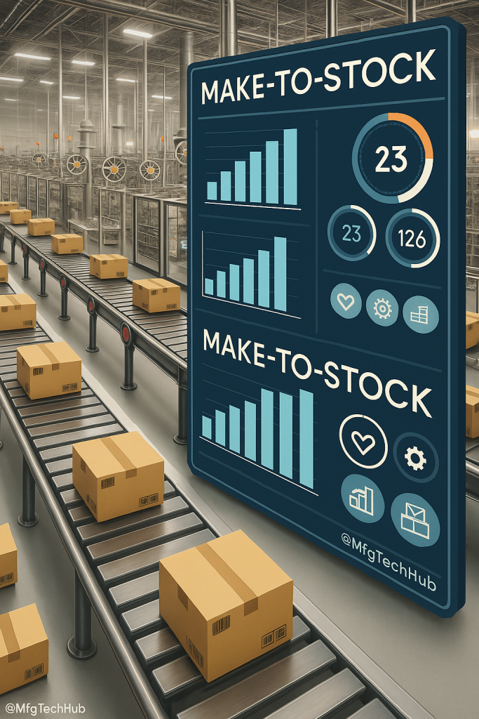 A infographic showing MES integration in make-to-stock manufacturing, with conveyor belts, packaging boxes, dashboards, and production KPIs.