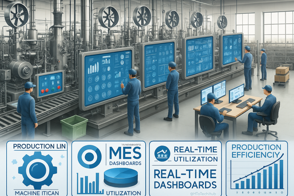 A infographic showing MES dashboards and machine utilization in a smart factory with multiple operators analyzing real-time data.