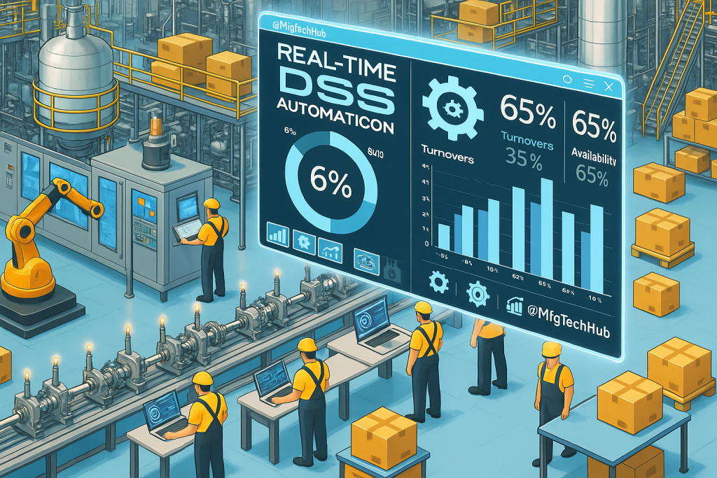 Workers monitor real-time MES dashboards on production line with automation and analytics displays