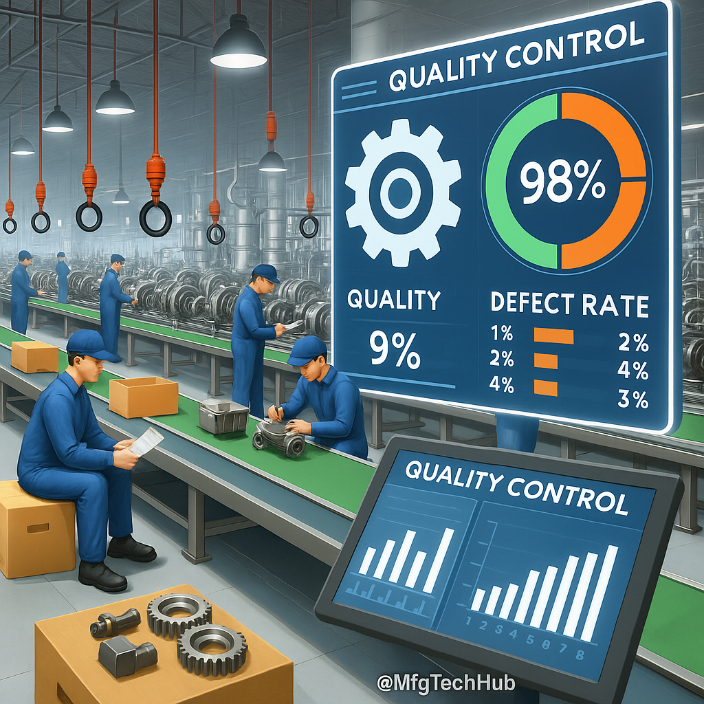 Workers monitoring MES quality control dashboards on a production line with defect rate analytics