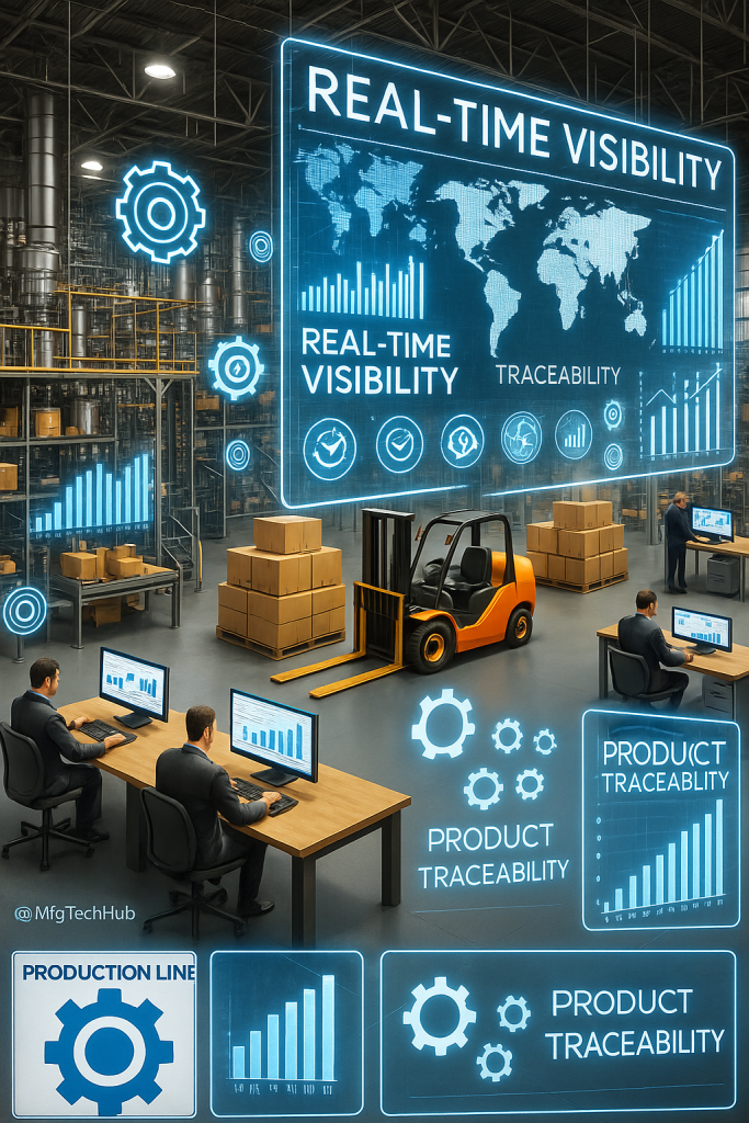 Digital illustration showing real-time product traceability and visibility in a modern warehouse using MES dashboards and monitoring systems