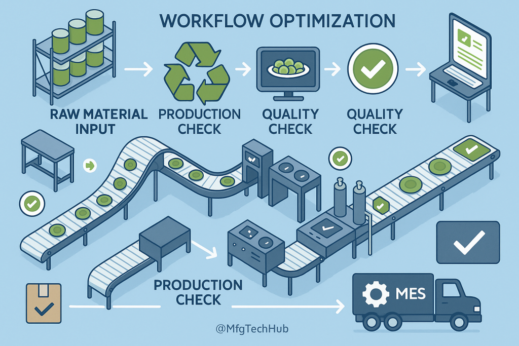 MES-managed production workflow with raw material input, quality checks, machine performance tracking, and packaging optimization.