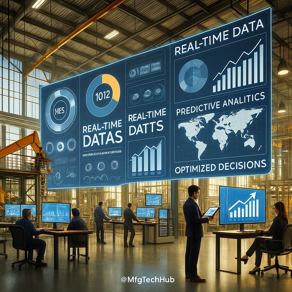 A infographic showing MES real-time data, predictive analytics, and decision optimization in a modern factory