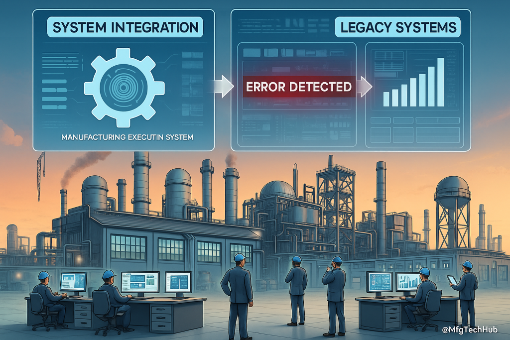 A infographic showing system integration of MES with legacy systems, highlighting error detection and factory control room