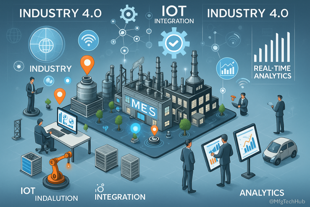 A smart factory infographic showing MES integration with IoT and Industry 4.0, highlighting real-time analytics, automation, and digital monitoring systems.