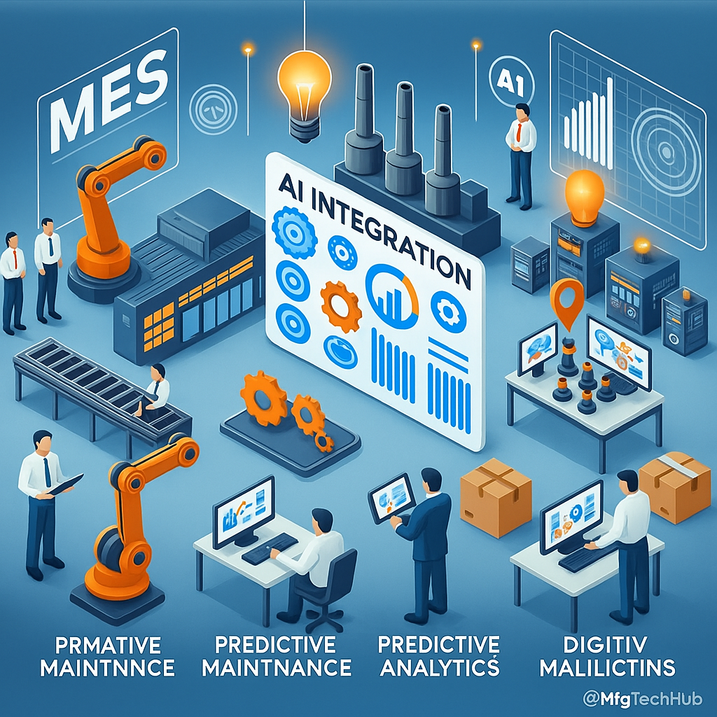 MES and AI integration in smart manufacturing with robotic arms, predictive maintenance, analytics, and digital diagnostics