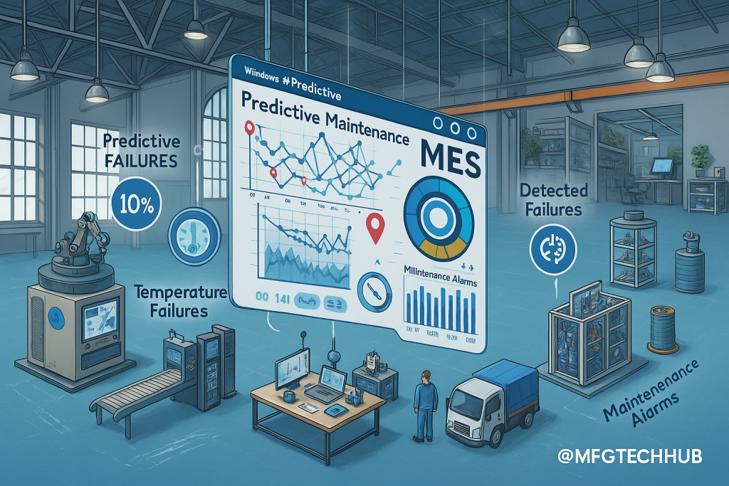 Smart factory infographic showing MES dashboard with predictive maintenance features, including equipment analytics, alerts, and real-time monitoring.