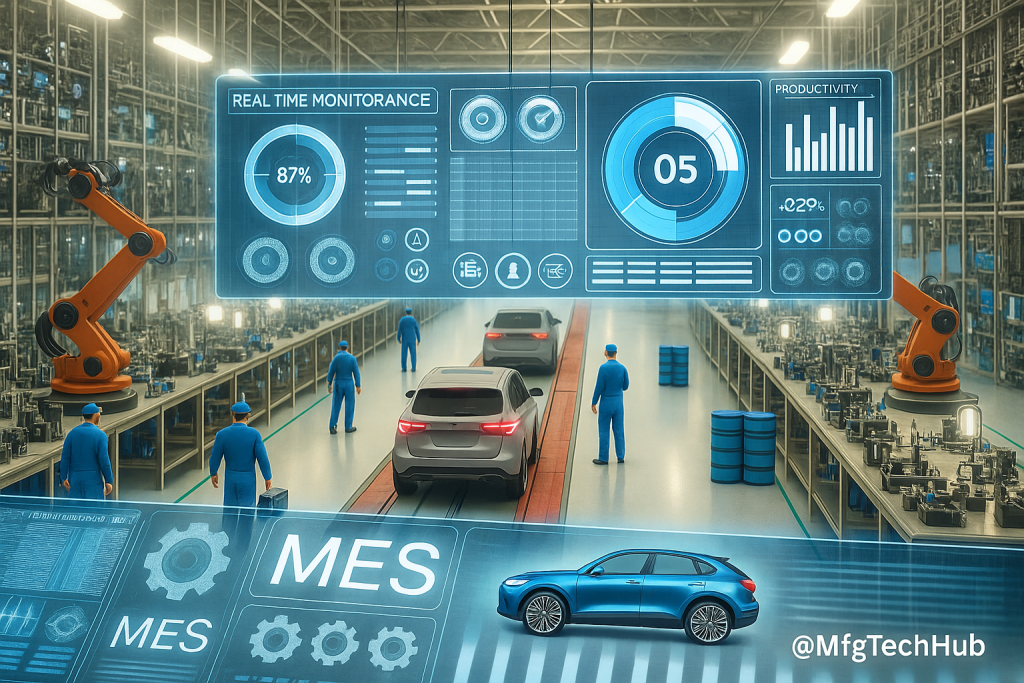utomotive assembly line with MES dashboard and robotic arms showing real-time monitoring and smart manufacturing