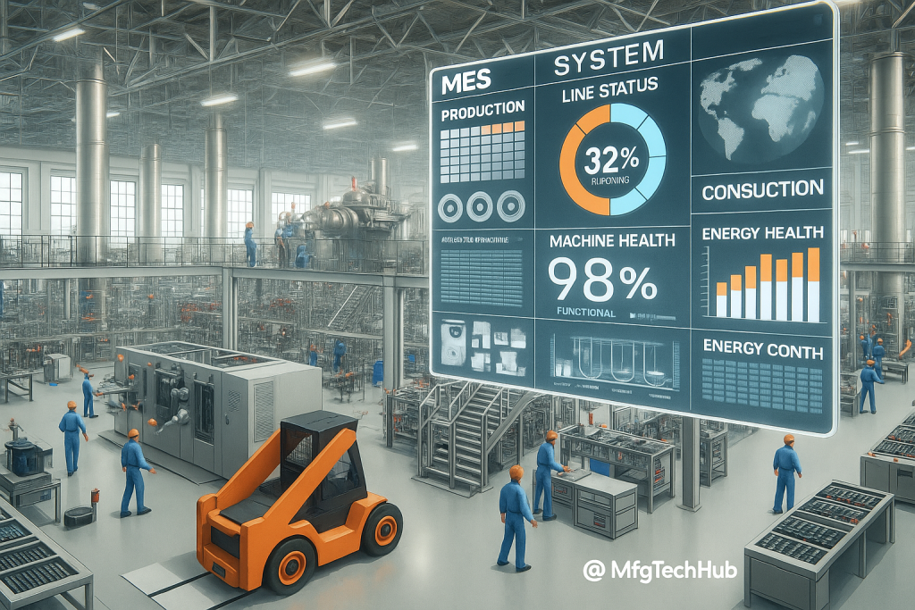 A smart manufacturing plant with MES dashboards showing production, machine health, and energy consumption analytics