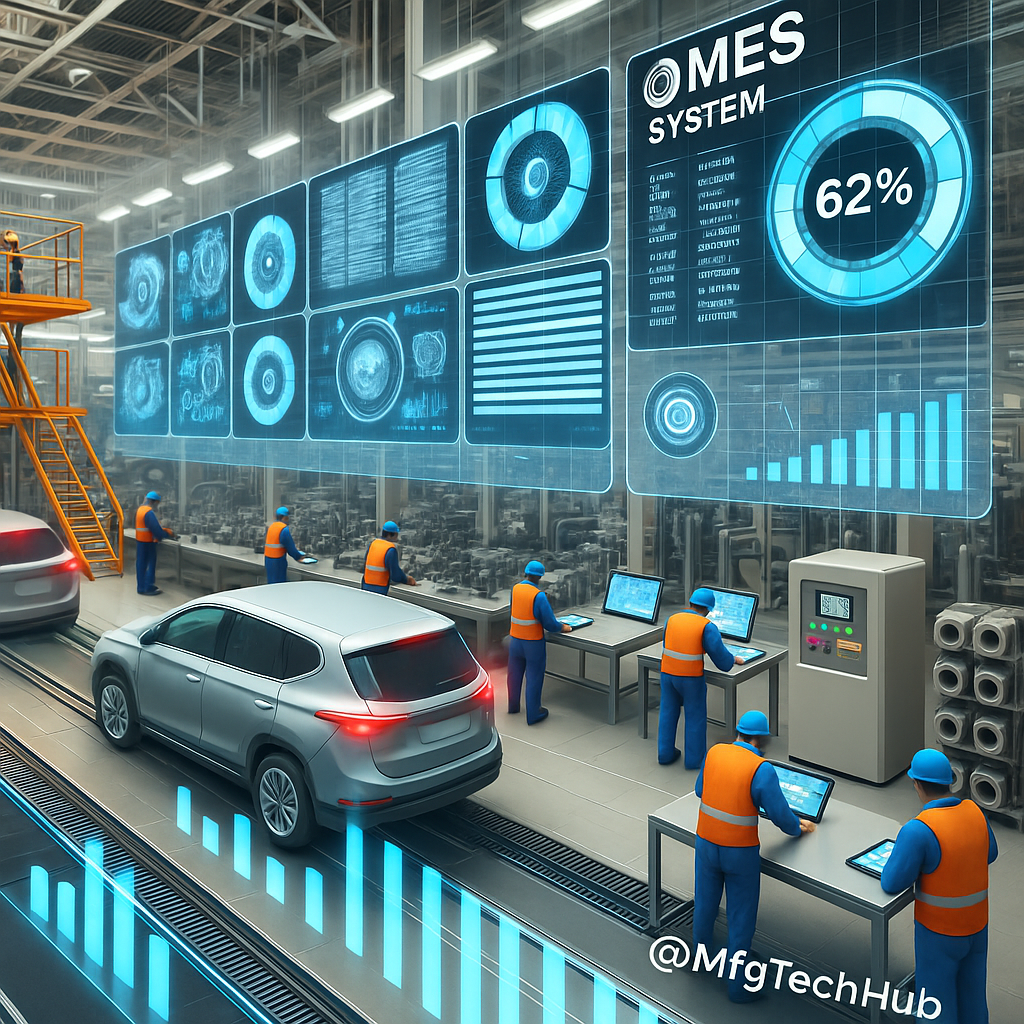 A digital illustration of a smart automotive manufacturing line using MES with real-time monitoring, robots, workers on tablets, and data dashboards.