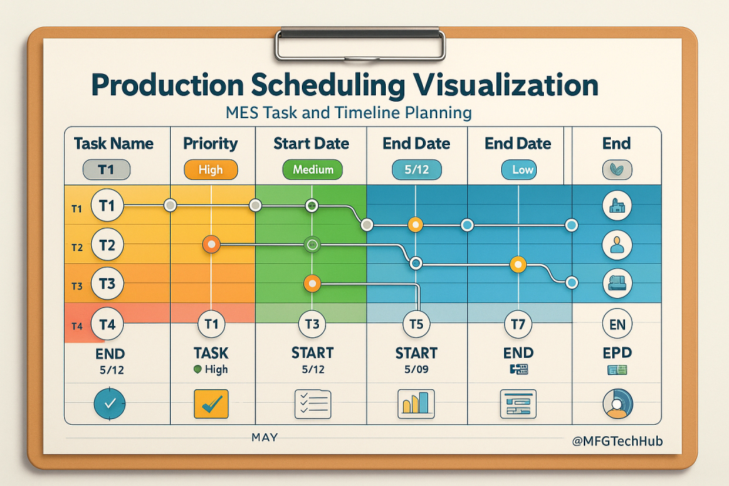 Landscape infographic of MES production scheduling chart with tasks, timelines, and color-coded workflow visualization.