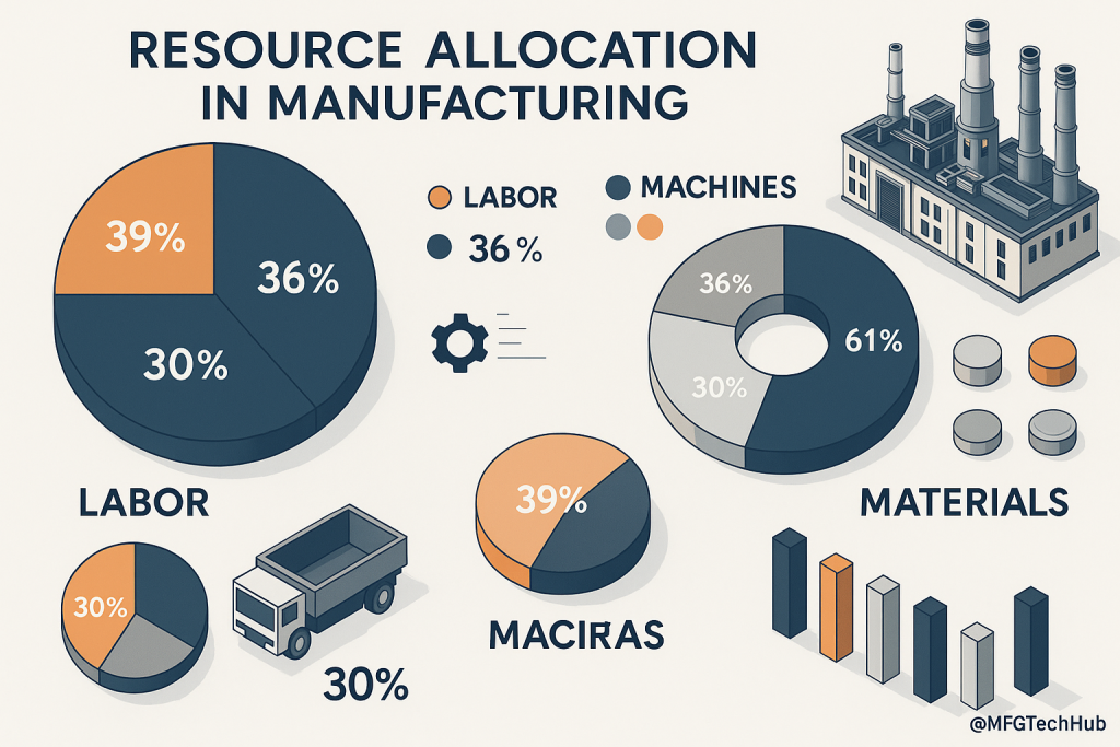 Infographic showing MES-based resource allocation in manufacturing with labor, machines, and materials represented using charts and graphs.