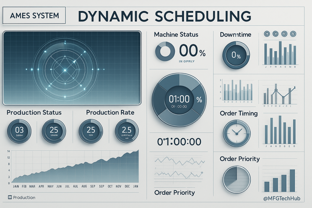 Infographic showing MES-based dynamic scheduling with real-time machine status, production progress, order timelines, and prioritization charts.
