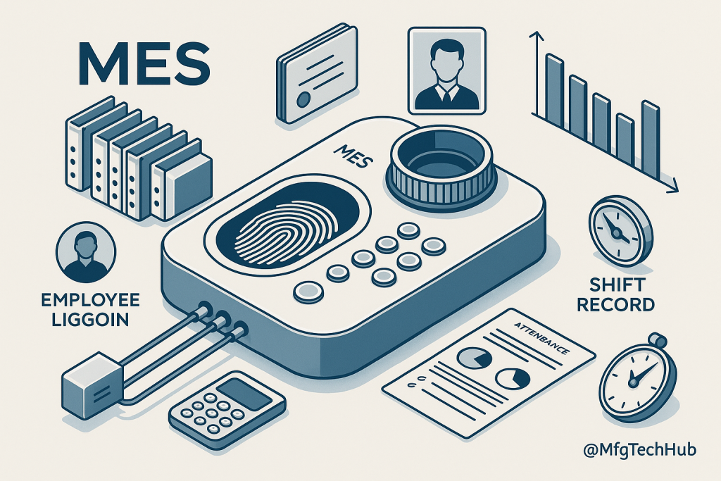 Isometric illustration showing biometric attendance and time tracking system integrated with MES