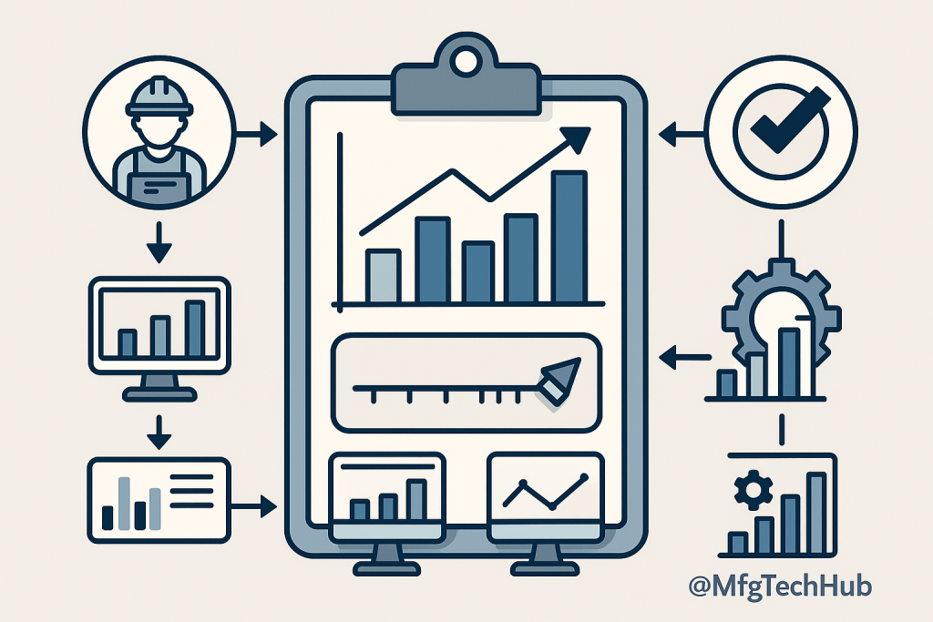 Flat-style infographic illustrating labor productivity monitoring in MES, showing output tracking and benchmark comparison.