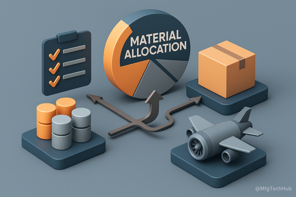MES material allocation process with icons for priority, quality check, and distribution to manufacturing units
