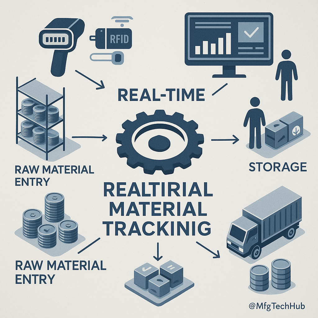 real-time material tracking in manufacturing using barcodes, RFID tags, and IoT sensors with raw material entry, storage, production, and shipping