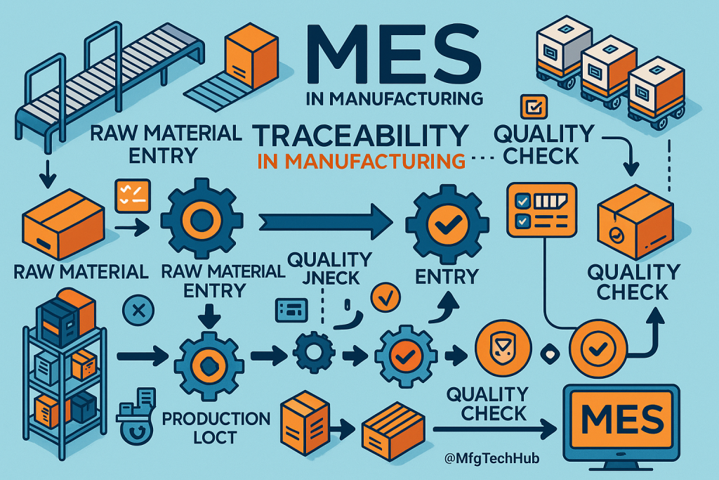 MES traceability workflow in manufacturing with labeled icons for raw material entry, production, quality checks, and packing