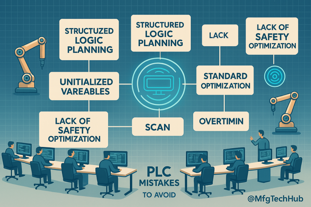 Infographic showing common PLC mistakes to avoid, including uninitialized variables, lack of safety optimization, poor logic planning, and scan time issues