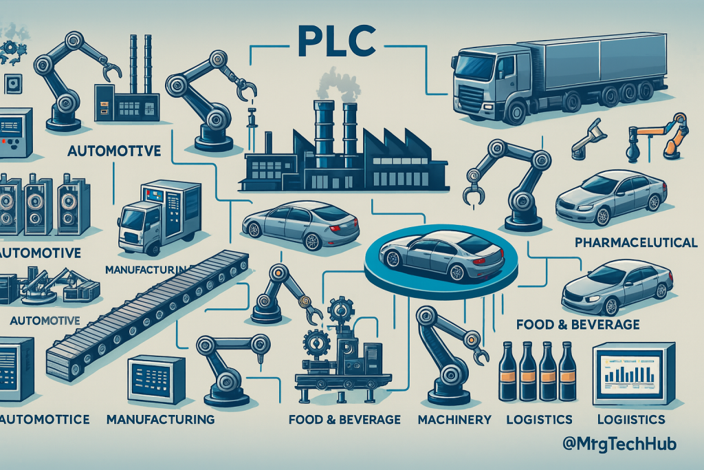 Infographic showing PLC applications across automotive, manufacturing, pharmaceutical, logistics, and food & beverage industries with robots and industrial systems