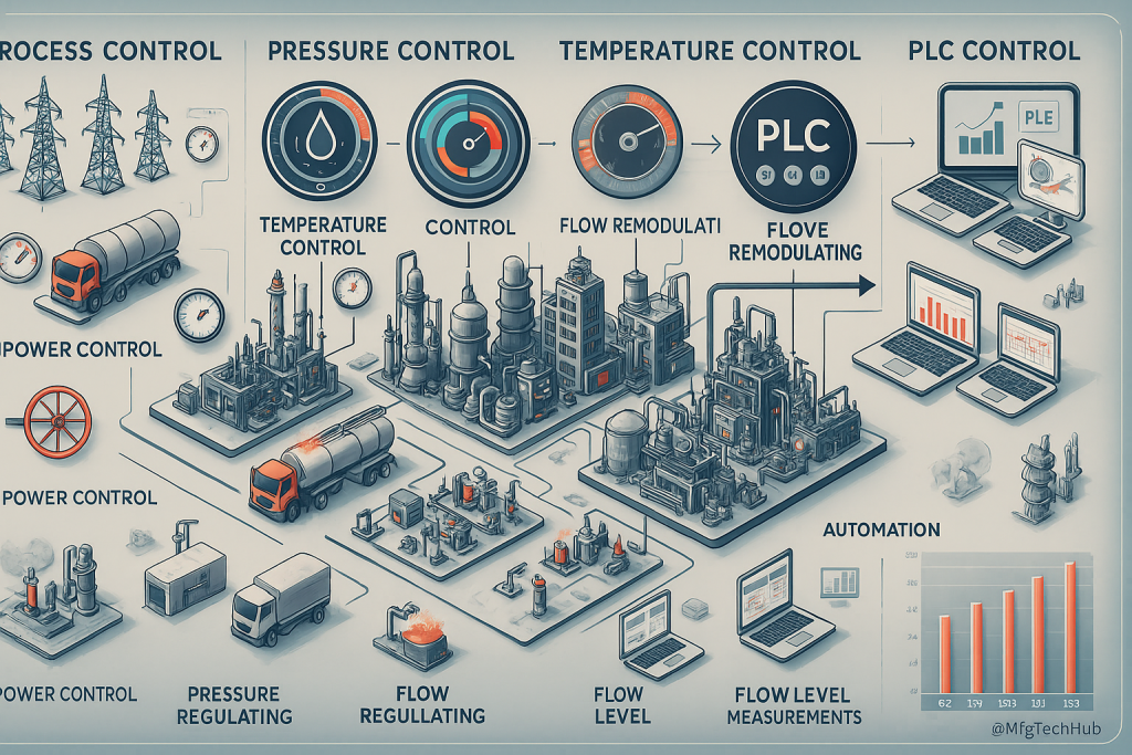 PLC-controlled process systems with labeled sections for temperature, pressure, flow regulation, automation, and real-time monitoring