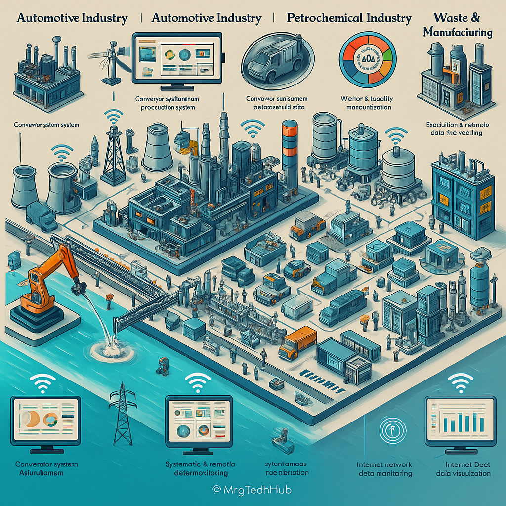 The modern industrial automation systems including automotive, petrochemical, water treatment, waste management, and real-time monitoring via IoT.