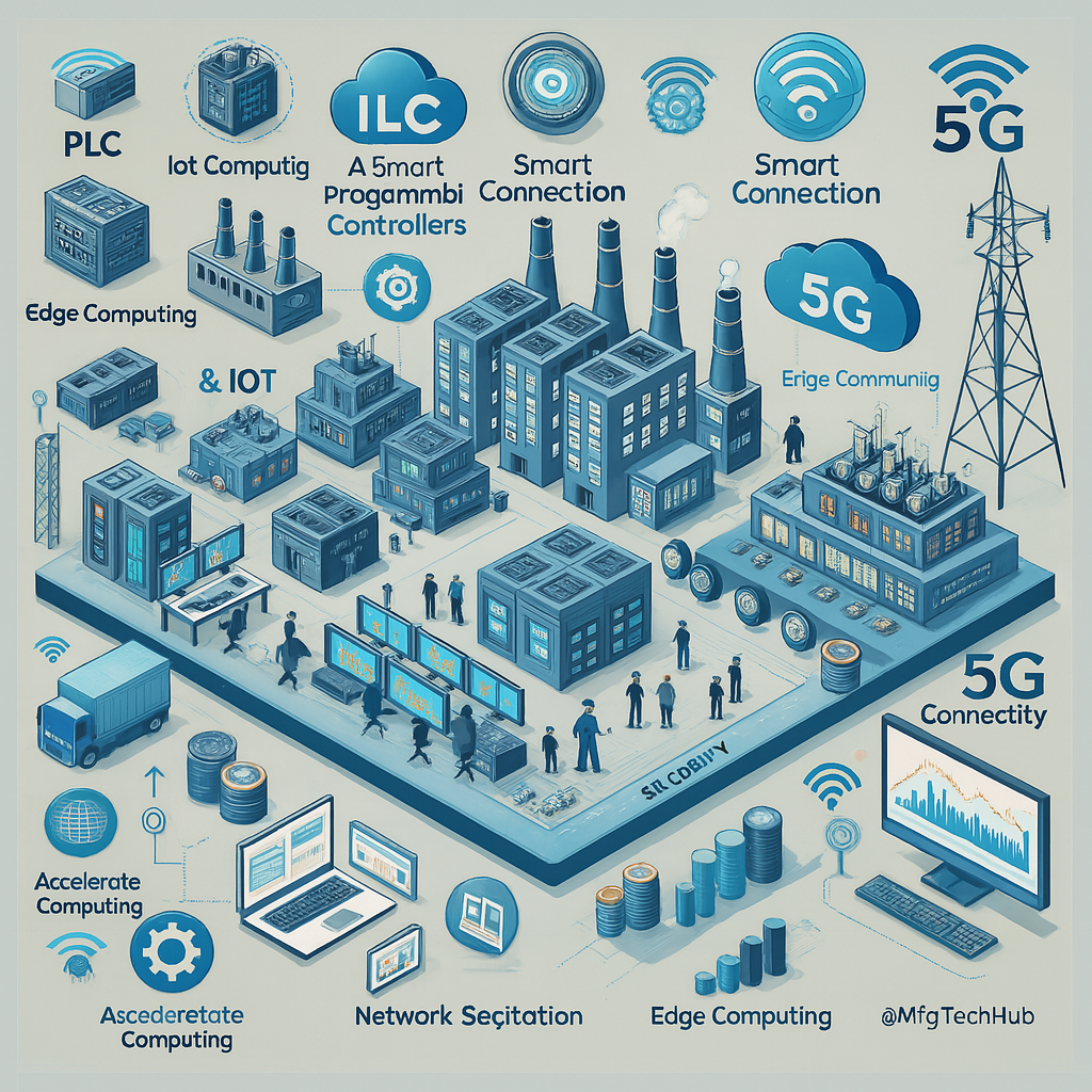 Industrial 5G, IoT, Edge Computing, Smart PLCs, and factory connectivity, highlighting real-time data control, cloud integration, and modern manufacturing automation.