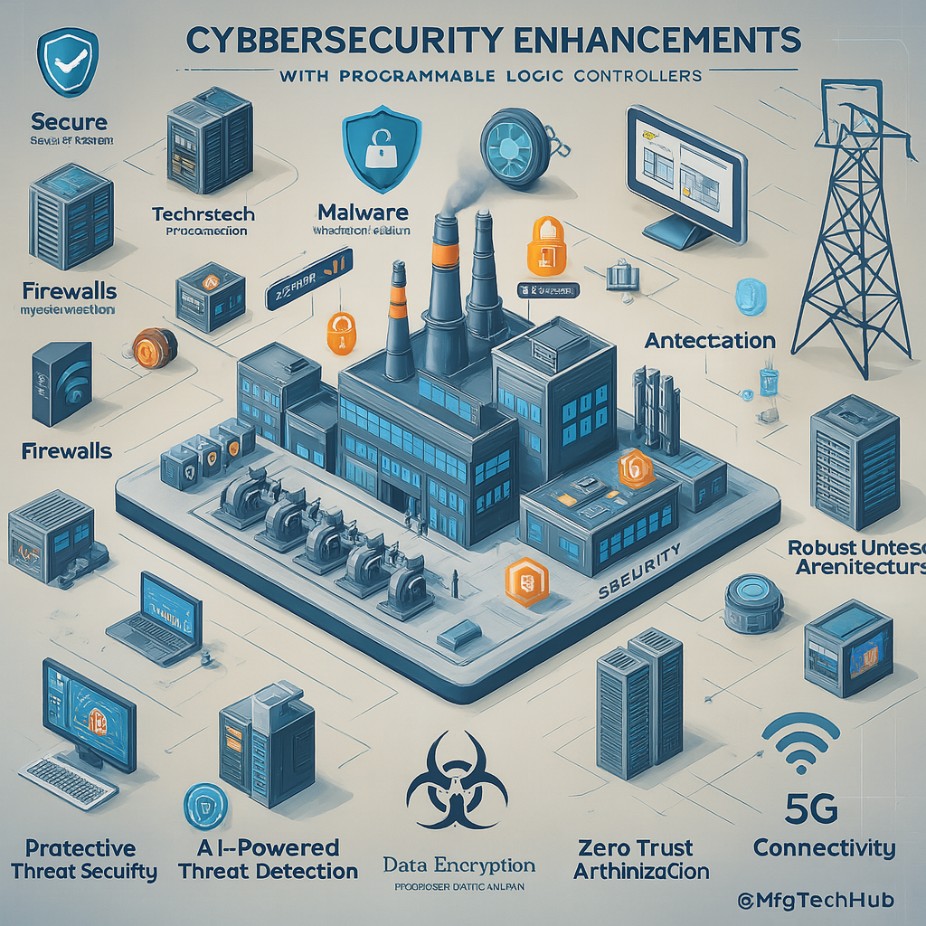 Isometric infographic showing cybersecurity enhancements for industrial PLCs including firewalls, data encryption, AI threat detection, and zero trust architecture.