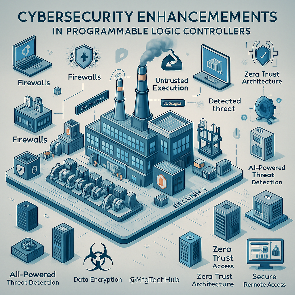 nfographic showing cybersecurity enhancements in PLCs including firewalls, AI threat detection, secure access, and zero-trust architecture