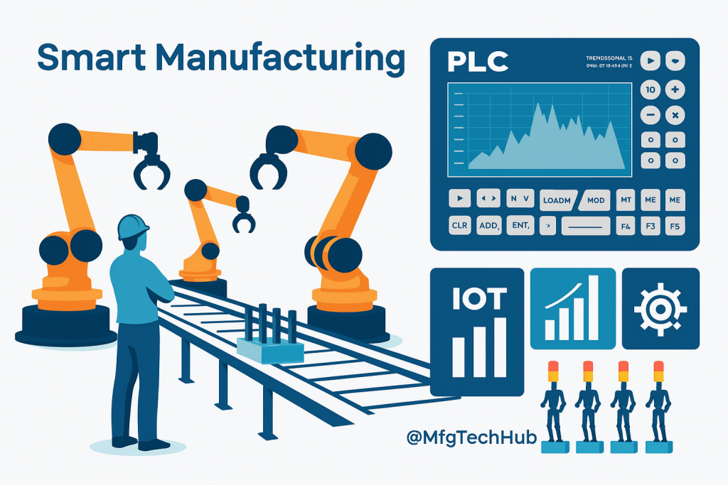 PLC control panel, IoT dashboards, robotic arms, and operator on a factory floor