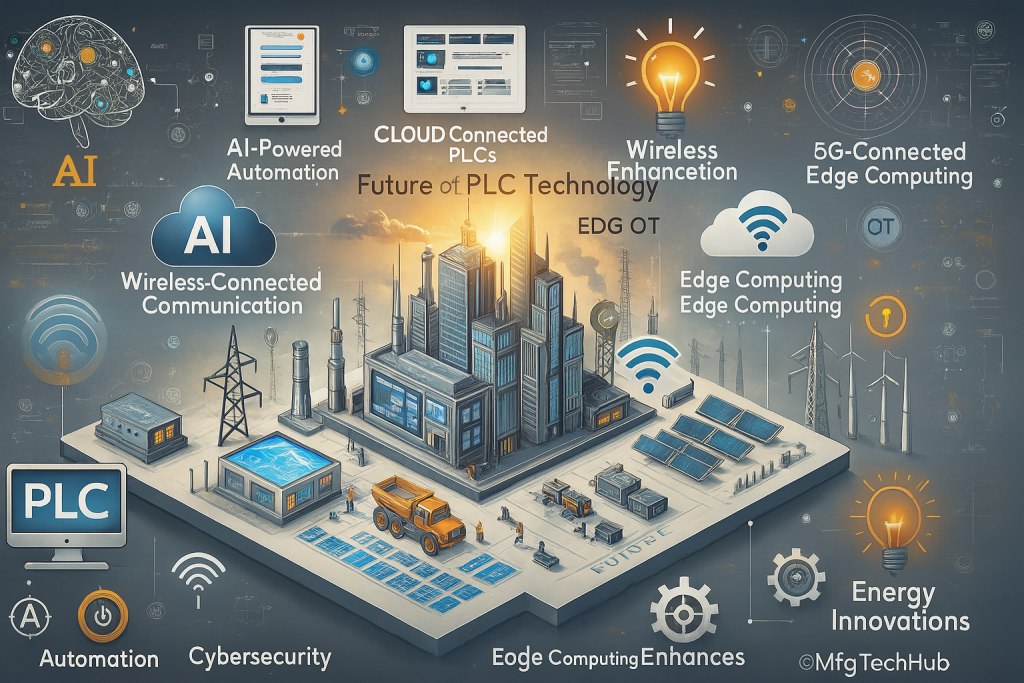 The future of PLC technology with AI-powered automation, edge computing, wireless communication, and cloud-connected PLCs in a smart factory.