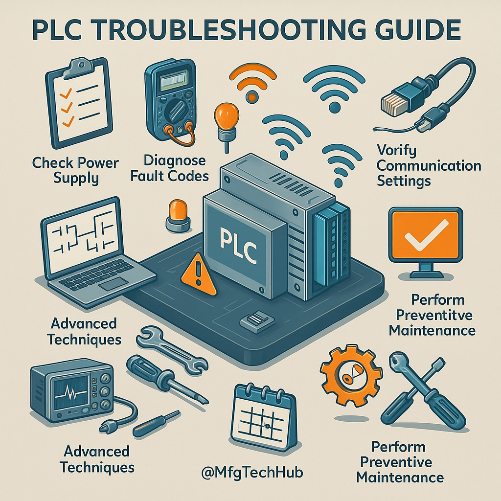 Common PLC troubleshooting steps, including power failure checks, I/O module diagnostics, ladder logic debugging, and network communication analysis, with tools like multimeters and protocol analyzers.