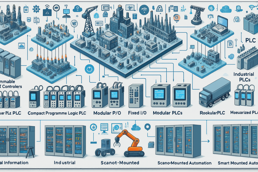 PLCs: Compact, Modular, Fixed I/O, Rack-Mounted, and Smart Automation setups with isometric factory scenes and controllers