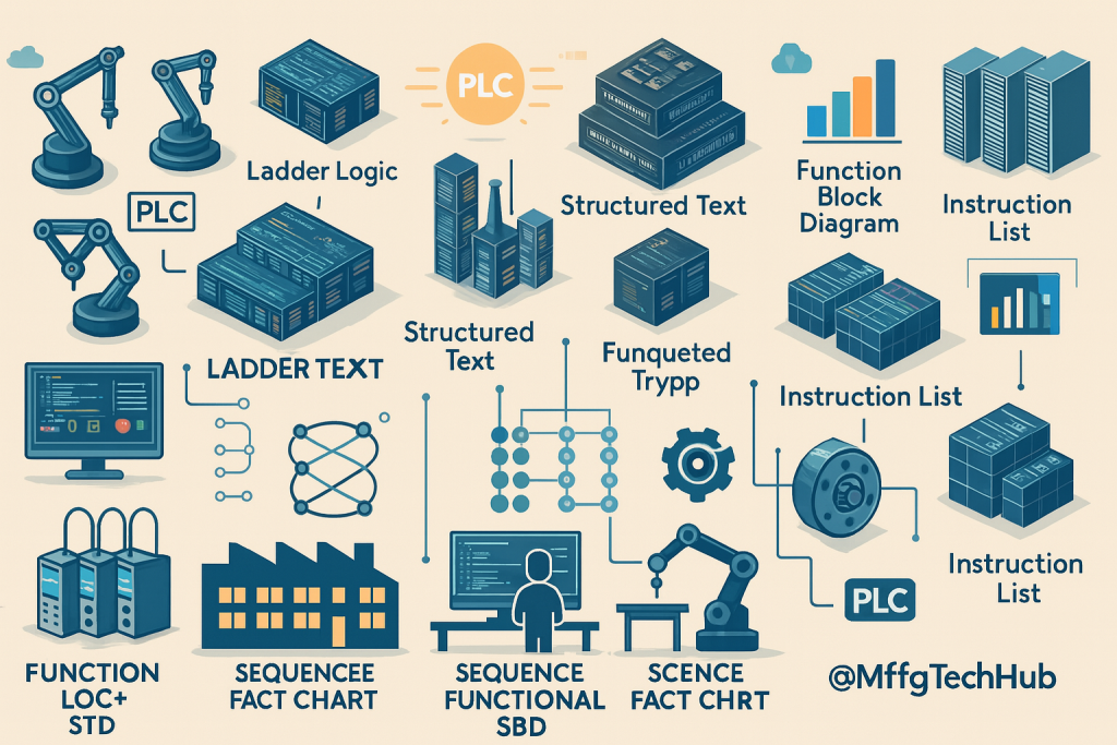 nfographic showing five PLC programming languages: Ladder Logic, Function Block Diagram, Structured Text, Sequential Function Chart, and Instruction List with automation elements