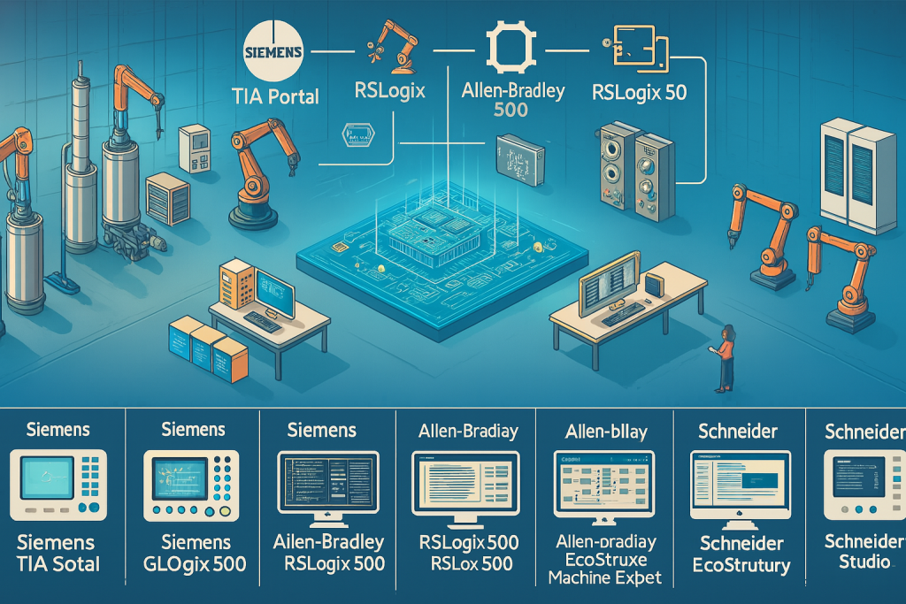 Comparison of Siemens TIA Portal, Allen-Bradley Studio 5000, and Schneider EcoStruxure Machine Expert PLC programming environments