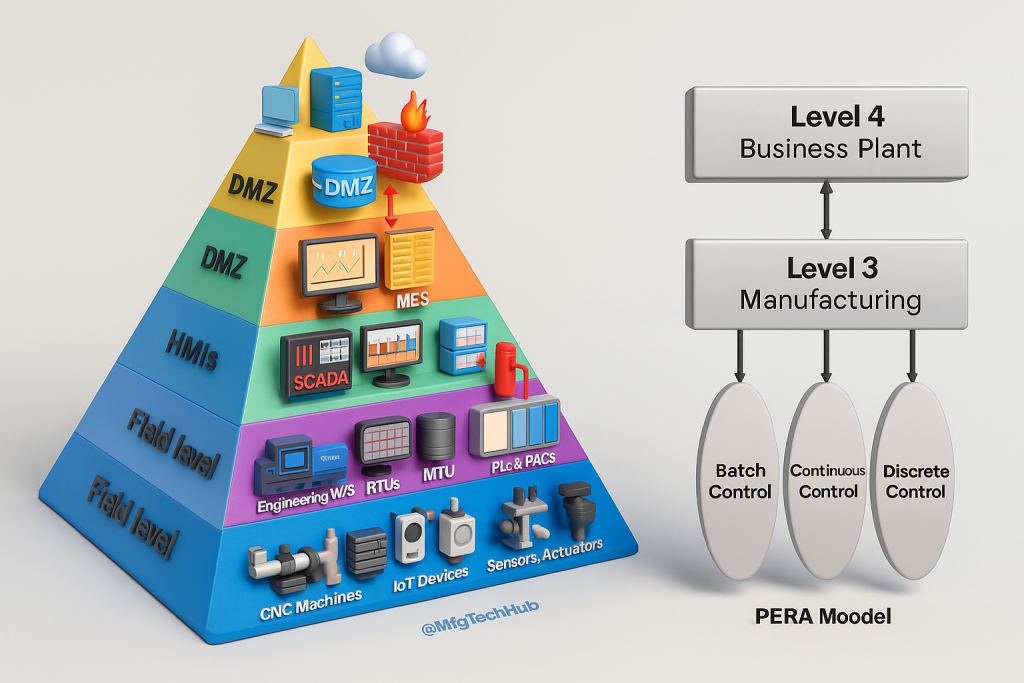 ISA-99 architecture levels with PERA model showing field level to business plant, DMZ, MES, SCADA, PLC, and control types