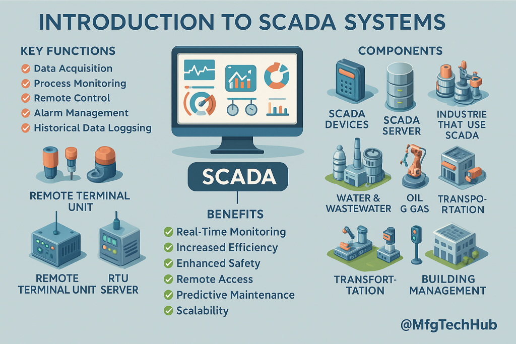 A infographic showing the architecture and components of a SCADA system including control center, RTUs, PLCs, field devices, HMI, and networked infrastructure.