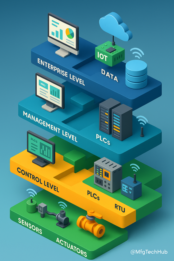 The five hierarchical levels of a SCADA system: Field Level, Control Level, Supervisory Level, Management Level, and Enterprise Level.