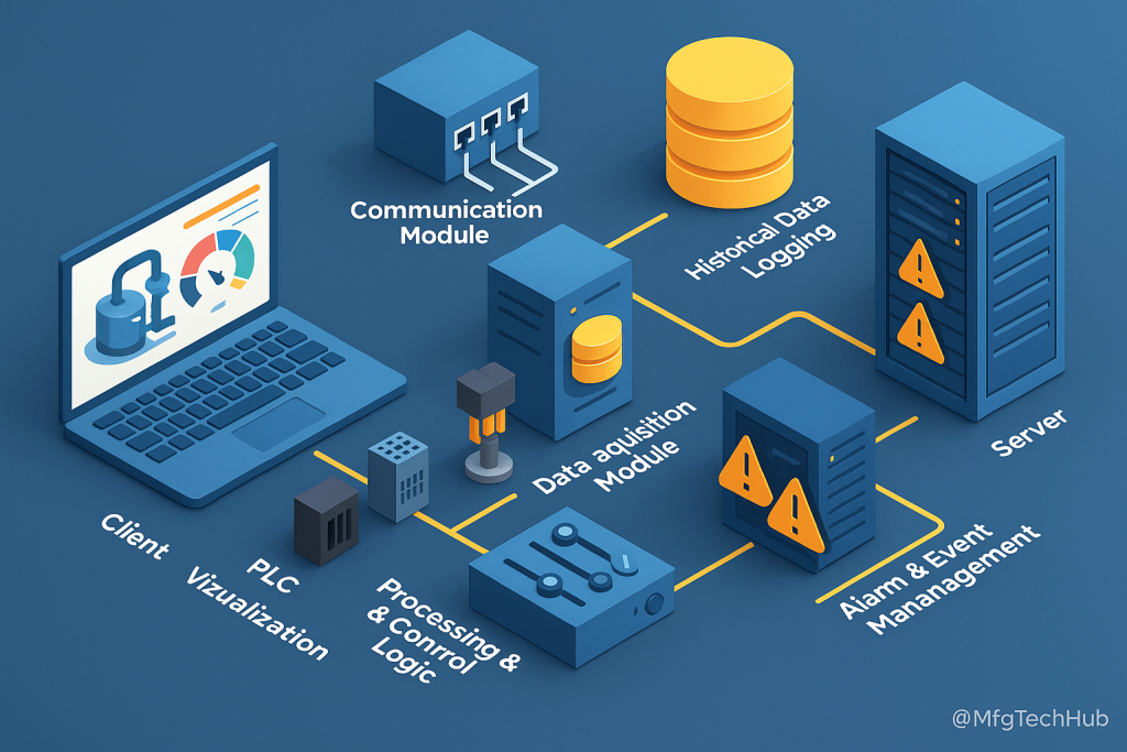 SCADA software configuration including HMI, tag setup, alarm management, data logging, and system integration