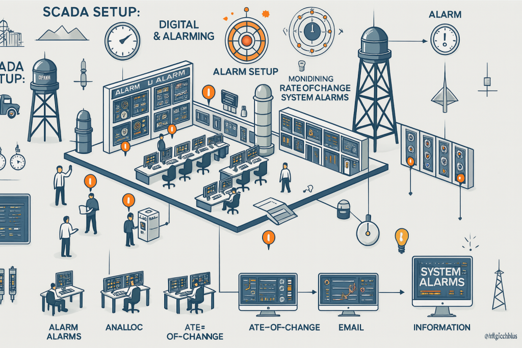 SCADA system alarms and configuration infographic with operators, control room, and digital alarming visuals