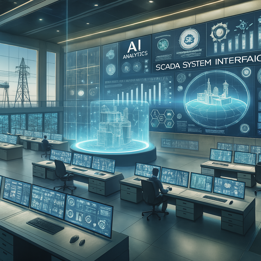 A futuristic SCADA control room featuring AI analytics, digital dashboards, and a holographic plant interface with multiple engineers monitoring industrial systems