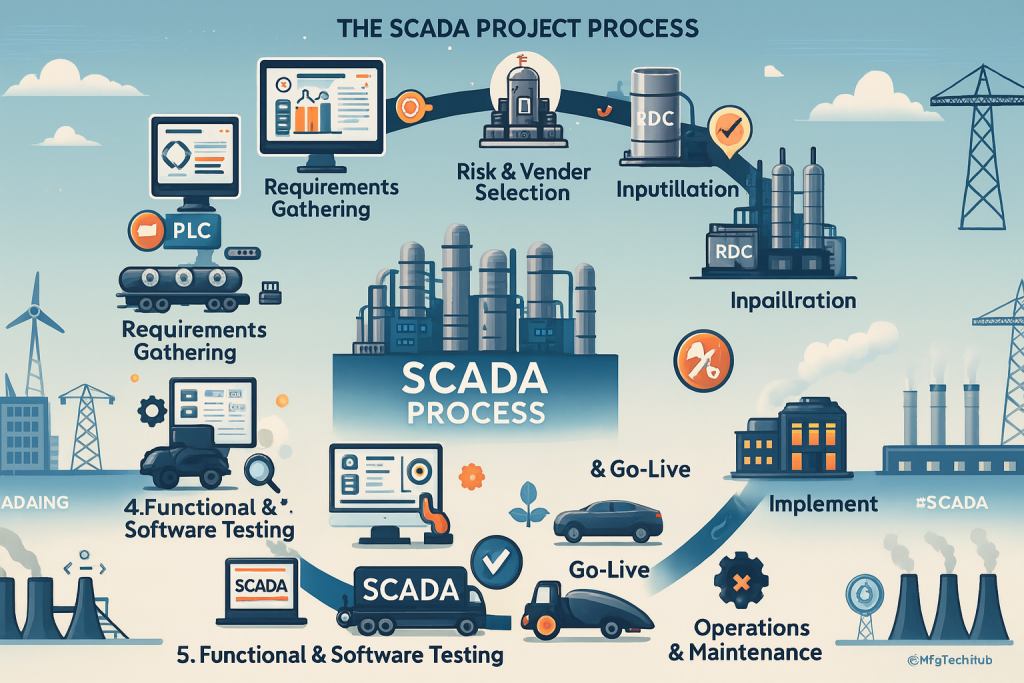 The SCADA project process with steps like requirements gathering, vendor selection, system design, implementation, testing, deployment, and maintenance