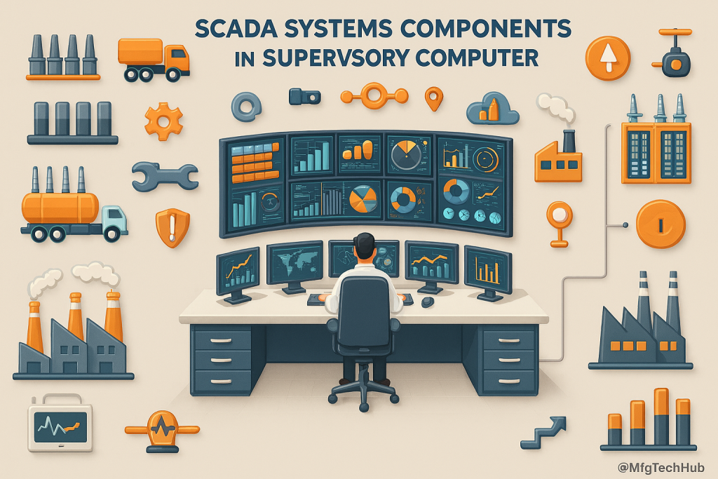 SCADA supervisory computer setup with multiple screens, industrial components, sensors, alarms, and control systems in an automation environment.